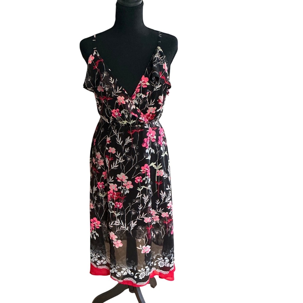Express Womens Floral Ruffle Wrap Midi Dress‎ Black Pink Small Spaghetti Strap